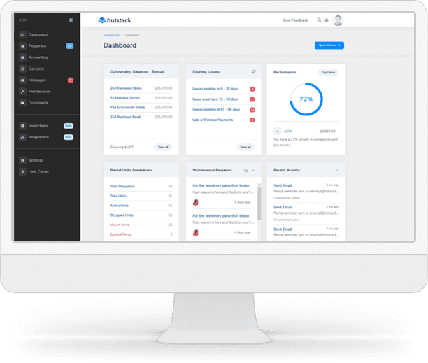 A Hutstack PMS dashboard showing portfolio operations